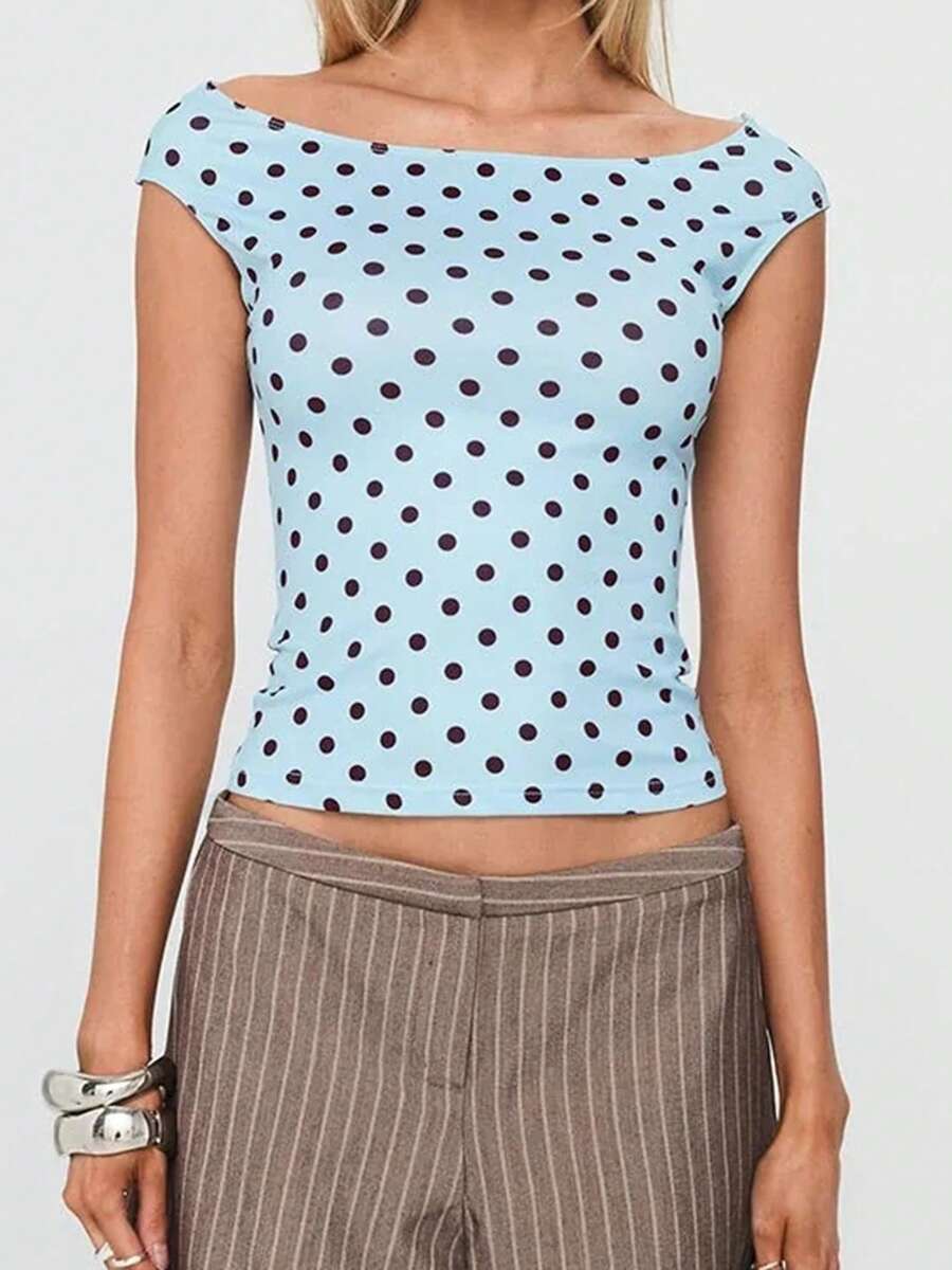 Womens Summer T Shirts Short Sleeve Crop Tops Boat Neck Dot Print Slim Fit Blouses - 淺藍色 - 查看 1