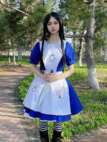 1件套女仆装，适合万圣节舞台表演、爱丽丝梦游仙境角色扮演、俱乐部派对服装和化装舞会。 - 彩色 - 查看 4