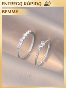 BEMMY 2 Piece Elegant Heart Shaped Ring With Rhinestone, Suitable For Women To Wear Daily And Dinner Parties - Silver - View 5