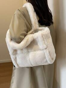 Large Capacity Plush Handbag For Women, 2025 New Autumn/Winter Versatile Furry Tote Bag, Shoulder Bag For Commuting - White - View 9