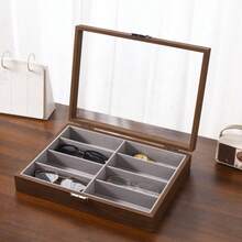 Boîte à lunettes en bois de noyer à huit compartiments, matériau PU de haute qualité gris, boucle métallique, convient pour le comptoir d'affichage, le stockage à la maison, le stockage des lunettes.