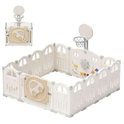 UBRAVOO Faltbarer Baby-Laufstall mit Mini-Basketballkorb und 50 farbigen Pit-Bällen, Auto-Laufstall für Babys und Kleinkinder, großes und lustiges Indoor-Aktivitätszentrum(14 Felder)