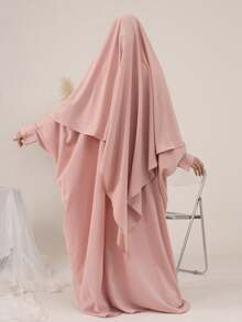 2 Stück einfarbiges Khimar + Abaya Set, locker & bequem mit Krawatte, Abaya mit Reißverschluss vorne, Manschetten, passend für alle, Länge 143cm, geeignet für täglichen Gebrauch, Gebet und Ausgehen von Frauen