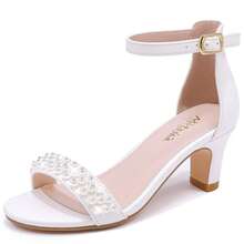 Girls Heel Sandals Open Toe Ankle Strap Flower Girl Dress Pump Sandals Wedding Party For Little Big Kid - 珍珠白色 - 查看 3