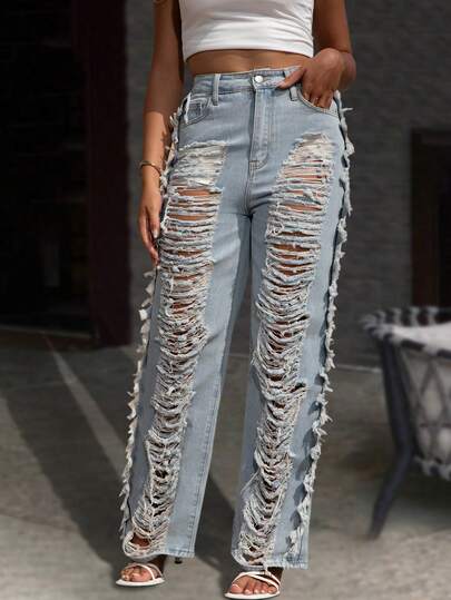 Women's Jeans, Y2K Fashion Women's Wear, Women's Casual Straight-Leg Jeans, Suitable For All Seasons, Perforated And Hollowed-Out Design, For Going Out, Cocktail Parties, Parties, Christmas, Nightclubs, Banquets, Film Festivals, Cinemas, Balls, Cocktail Parties, Bars, Weddings, Graduation Ceremonies, Homeships, Birthday Parties, Rebellious Girls, Festival-Themed Parties, For Going Out, Streetwear Fashion Show, Date, Valentine's Day, Working Outside University, School, Village, Concert, Exhibition, Celebration, Street Girl, Holiday, Dinner Party, Shopping, Teenage Girl, Country-Style Women's Clothing, The Best Woman For Going Out, Pantalón Jean Mujer,Women Clothes,Jeans Para Mujer,Pantalones De Mujer Jean,Ropa De Mujer,Tall Jeans Women,Y2k Clothes,Going Out Outfits,Holiday Outfits For Women,Vacation Outfits Women,Club Outfits For Women,New Years Outfit Women,Holiday Outfits For Women