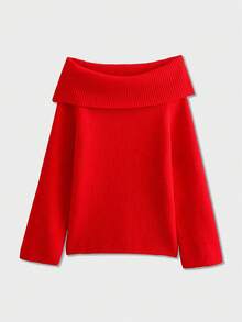 Women's Casual Versatile Straight Shoulder Off Shoulder Pullover Sweater Top - Red - View 1