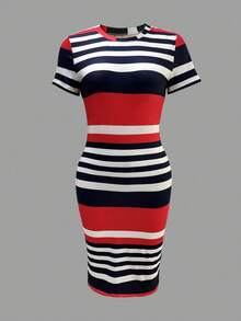Gaun Bodycon Bergaris Blok Warna Kasual Wanita, Gaun Elegan Ukuran Plus untuk Musim Panas - MultiWarna - View 3
