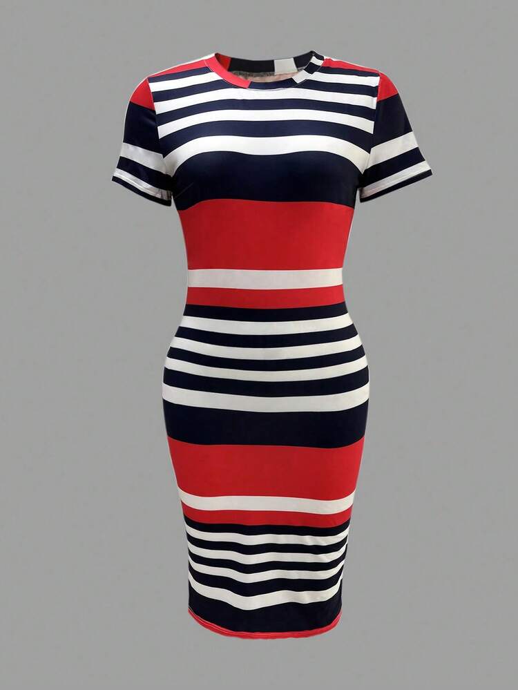 Vestido ajustado casual de mujer con bloques de color y rayas, para verano - Multicolor - Añade 3