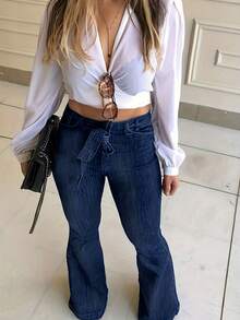 Women's Casual Solid Color Elastic Waist Flare Leg Jeans, Autumn/Winter - Medium Wash - View 5