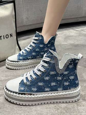 New Autumn/Winter Rhinestone Embellished High-Top Sneakers, Thick Platform Casual Shoes, Suitable For Street Style, Daily Commute, Office And Leisure Wear