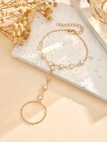 1pc Minimalist Faux Pearl & Crystal Decor Finger Ring Bracelet, Elegant Accessory For Women Wedding Party - Yellow Gold - View 3