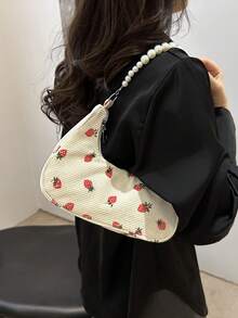 时尚草莓珍珠单肩包、新月形手提包、托特包、沙滩包、休闲草编包、女士手机袋 - 米色 - 查看 4