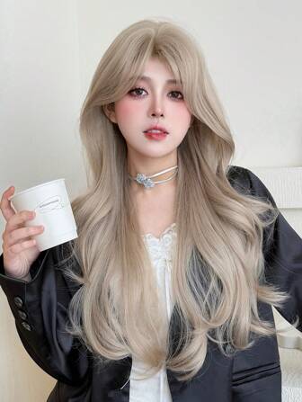 合成耐热假发 28 英寸香槟色长波浪卷发自然女士假发日常派对用