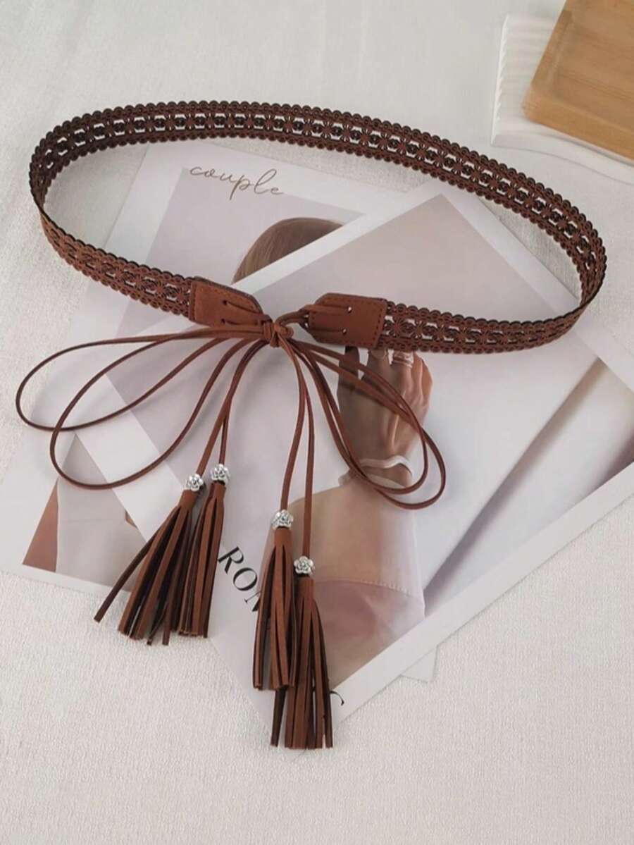 1 szt. Pasek w stylu boho z okrągłym, pustym pierścieniem, w jednolitym kolorze, w stylu vintage, kowbojki, damski pasek do talii, uniwersalny do dżinsów, sukienek, codziennego noszenia, na wakacje, na festiwal muzyczny, na Halloween - B - Zobacz 1