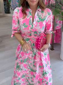 1pcs Women's Pink Floral Print Three-Quarter Sleeve Long Shirt Dress With Button Placket Closure, Lapel, Sleeve Tabs And Belt, Suitable For Any Occasion, Machine Washable, Women's Spring Summer Clothing - 粉色 - 查看 7