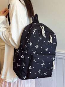 3pcs Nylon Bow Print Backpack Set, Foldable Multi-Pocket Large Capacity Waterproof Zipper Backpack, Suitable For Teenagers, High School Students, College Students, Ladies Daily Commute And Travel, Valentine's Day Gift - Black - View 5