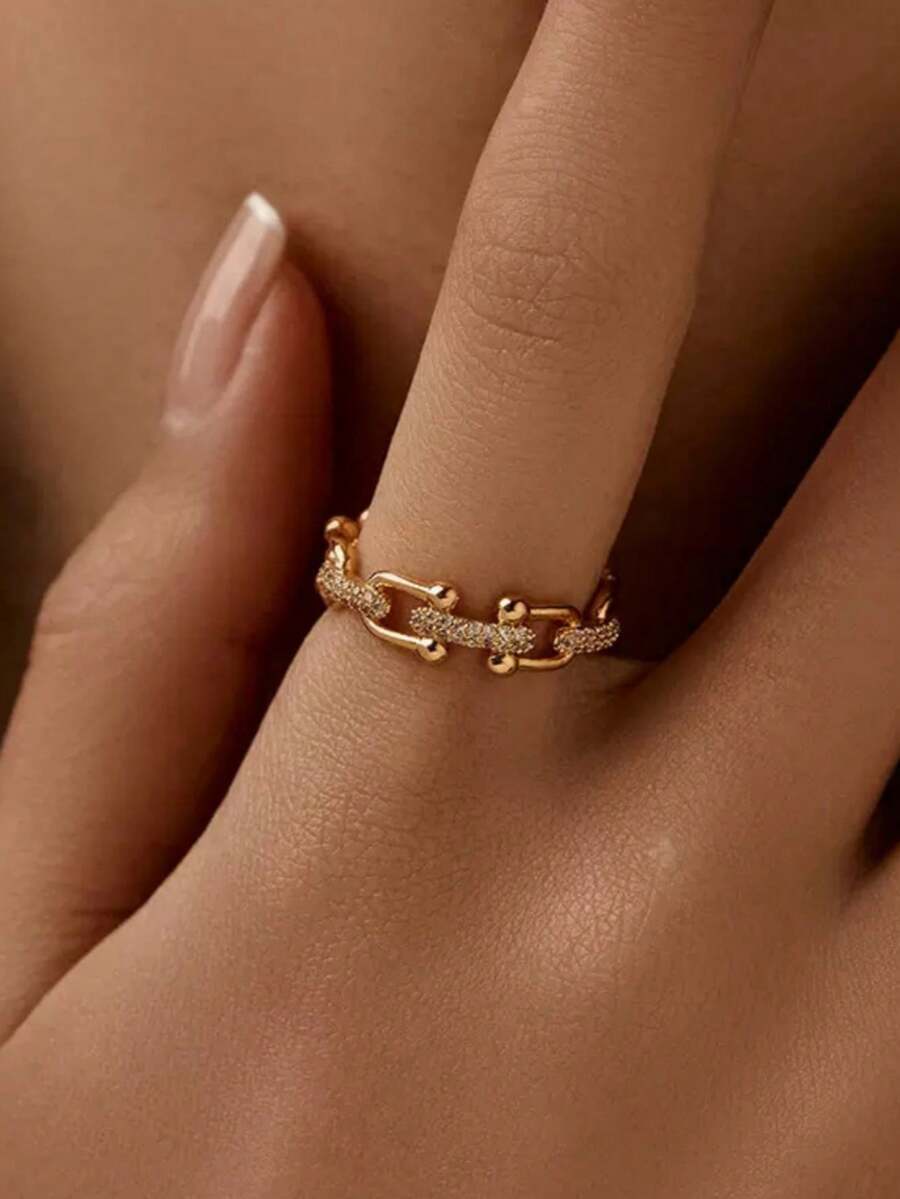 1pc Copper Zirconia Horse Hoof Shaped Open Ring, Tarnish Resistant, Luxury Design, Unique Zirconia Plain Band Ring Jewelry - Gold - View 1