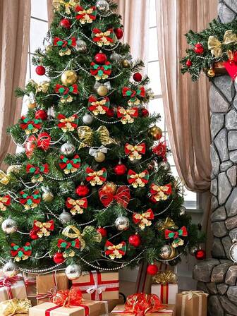 6pcs Christmas Decorations, With Bells & Bows, Red & Green Plaid Bow Wreath, Mini Ribbon Bows Craft Gifts Hanging Decor Home Decor Room Decor Winter