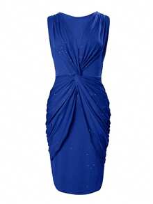 ChicMe Women's Sequin Twist Front Bodycon Dress, Deep V-Neck, Knee Length, Fitted Silhouette, Fashionable For Party, Cocktail, Office, Holiday - Blue - View 4