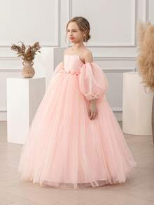 少女泡泡袖细肩带蝴蝶结装饰网眼公主裙，适合生日派对、花童、婚礼、舞会、节日场合