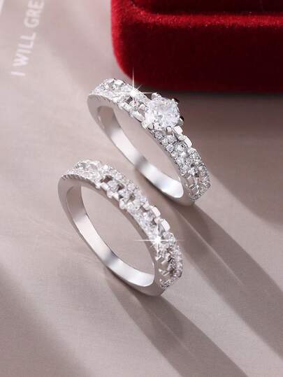 两件套优雅奢华经典圆形女士戒指套装，镶嵌圆形立方氧化锆，适合婚礼、订婚、承诺、新娘永恒戒指、周年纪念戒指、生日石戒指，浪漫女士礼物
