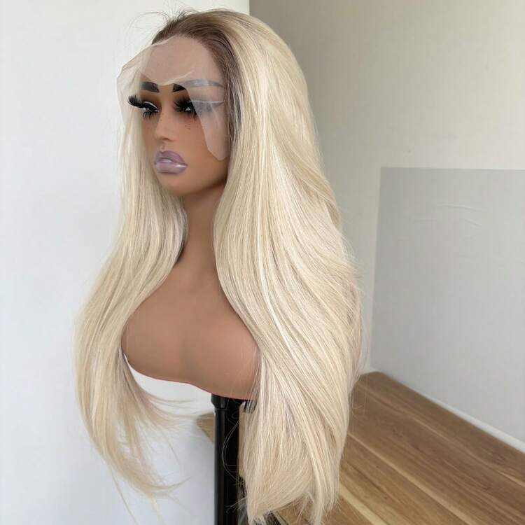 Línea de cabello natural   Uso diario  Cabello sintético resistente al calor   Fiesta  Long Straight  Pelucas frontales de encaje sin pegamento de 33 x 10 cm  Strähnchenblond - rubia resaltada - Ver 4