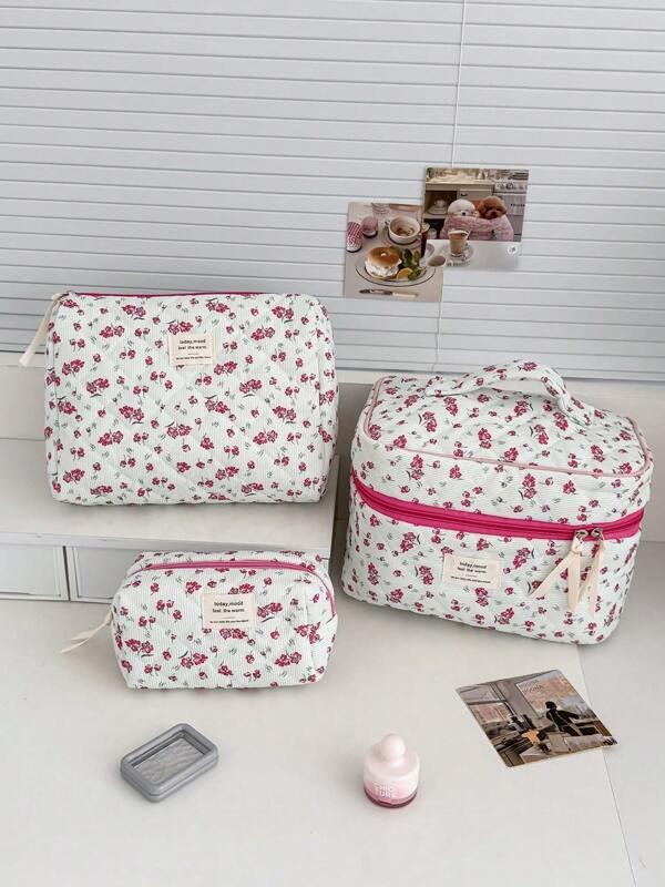 Soft Corduroy Fabric Makeup Bag With Green Grass & Red Flower Print, Contrast Color Zipper Design, Handheld Toiletry Travel Organizer Bag, Large Capacity, Daily Cosmetic Accessories Storage, Fashionable Women Bag