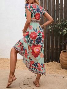 全新秋季轻盈 V 领全身可爱叶子和花卉印花波西米亚休闲褶皱荷叶边下摆腰部拼接长裙，适合音乐节、女性节日、乡村音乐会、毕业典礼、派对、返校、教师节、万圣节、圣诞节 - 薄荷綠 - 查看 7