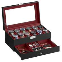 Watch Box, Watch Case With Glass Lid, 2-Tier Watch Display Case For 12 Watches, Lockable, 1 Drawer, For Rings, Bracelets, Gift Idea, Black Synthetic Leather, Wine Red Lining Back To School Dormitory Storage - Black + Wine Red - View 6
