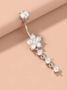 1pc Stainless Steel Navel Ring With 4-Segment Flower Pendant, Snowflake Charm, Sexy Long Belly Button Jewelry For Women, Everyday Wear