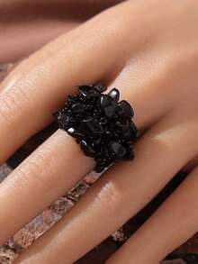 1pc Bohemian Style Beaded Braided Elastic Wide Ring With Natural Stones Women, Stones May Vary Slightly In Color And Size - 巧克力棕 - 查看 1