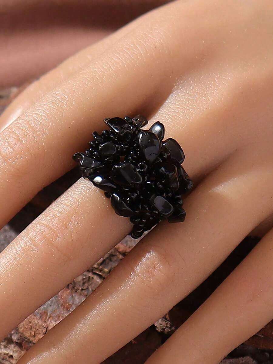 1pc Bohemian Style Beaded Braided Elastic Wide Ring With Natural Stones Women, Stones May Vary Slightly In Color And Size - 巧克力棕 - 查看 1