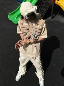 Unisex Oversized Skeleton Hoodie Men Cropped Sleeveless Sweatshirt Women Goth Costume Skull Hooded Vest - Khaki - View 11