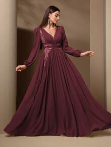 Vestido feminino com decote em V, manga comprida, cintura justa, verão - Borgonha - Ver 4