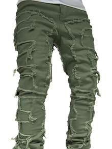 男士时尚休闲街头破洞流苏简约纯色牛仔裤 - 軍綠色 - 查看 4