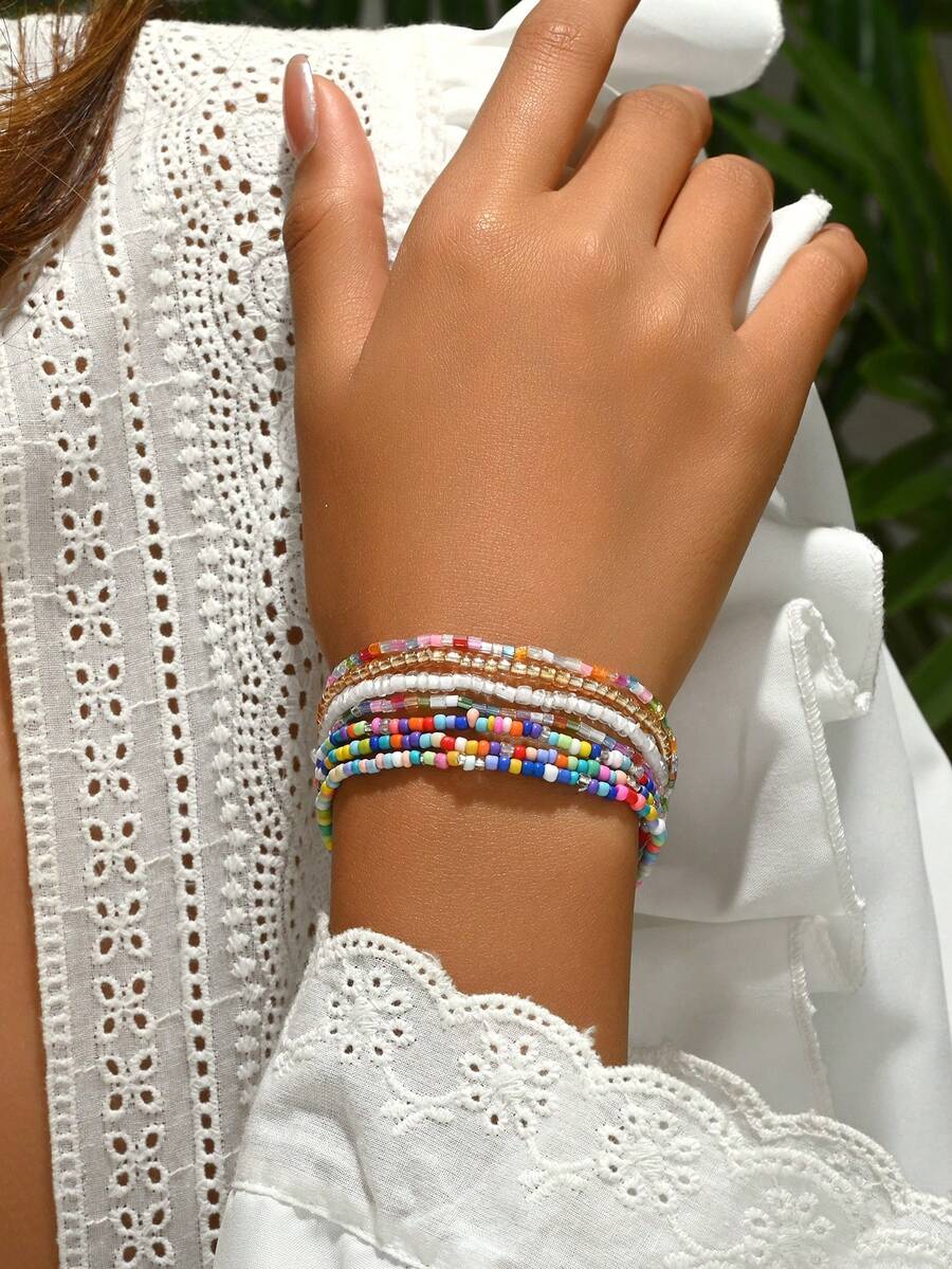 7-Piece Set Of European And American Bohemian Style Fashion Handmade Bead Crystal Glass Bead Multi-Layer Mixed Color Bracelet Bracelet Suitable For Daily Gatherings And Parties For Women To Wear