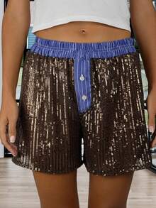 Women's Pajama Shorts Sparkly Sequined Striped Trim Low Rise Sleep Shorts For Summer - Brown - View 3