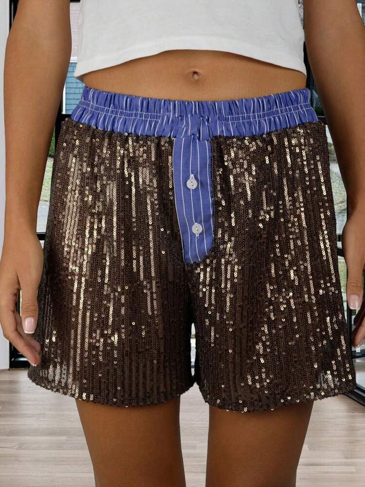 Women's Pajama Shorts Sparkly Sequined Striped Trim Low Rise Sleep Shorts For Summer - Brown - View 3