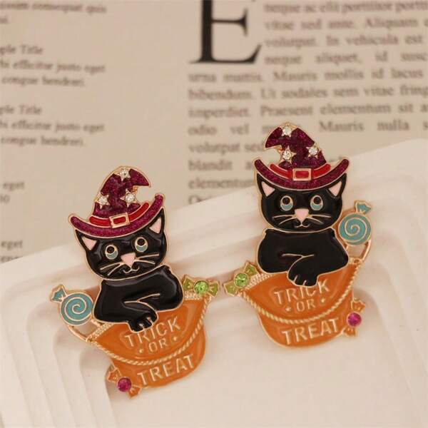 1 Pair Halloween Element Oil Drop Cute Cat Stud Earrings, Personalized Earrings With Holiday Atmosphere, High Quality "Trick Or Treat" Five-Pointed Star, Christmas Hat, Candy, Mischievous Cat