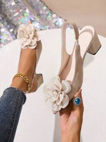 女式米色仿花高跟鞋，优雅粗跟，包头凉鞋，时尚尖头米色高跟鞋，踝带设计，百搭连衣裙、旗袍、舞蹈 - 米色 - 查看 2