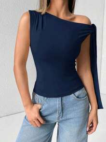 Elegant Suplex T-Shirt Top With Asymmetrical Shoulders And Straps, Ideal For Daily Use, Outings, Nightclubs, Parties, Halloween Costumes - Màu xanh hải quân - Xem 4