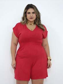 Macaquinho Feminino Plus Size Malha Trabalhada Vicenza Short Liso Elegante - Vermelho - Visão 2
