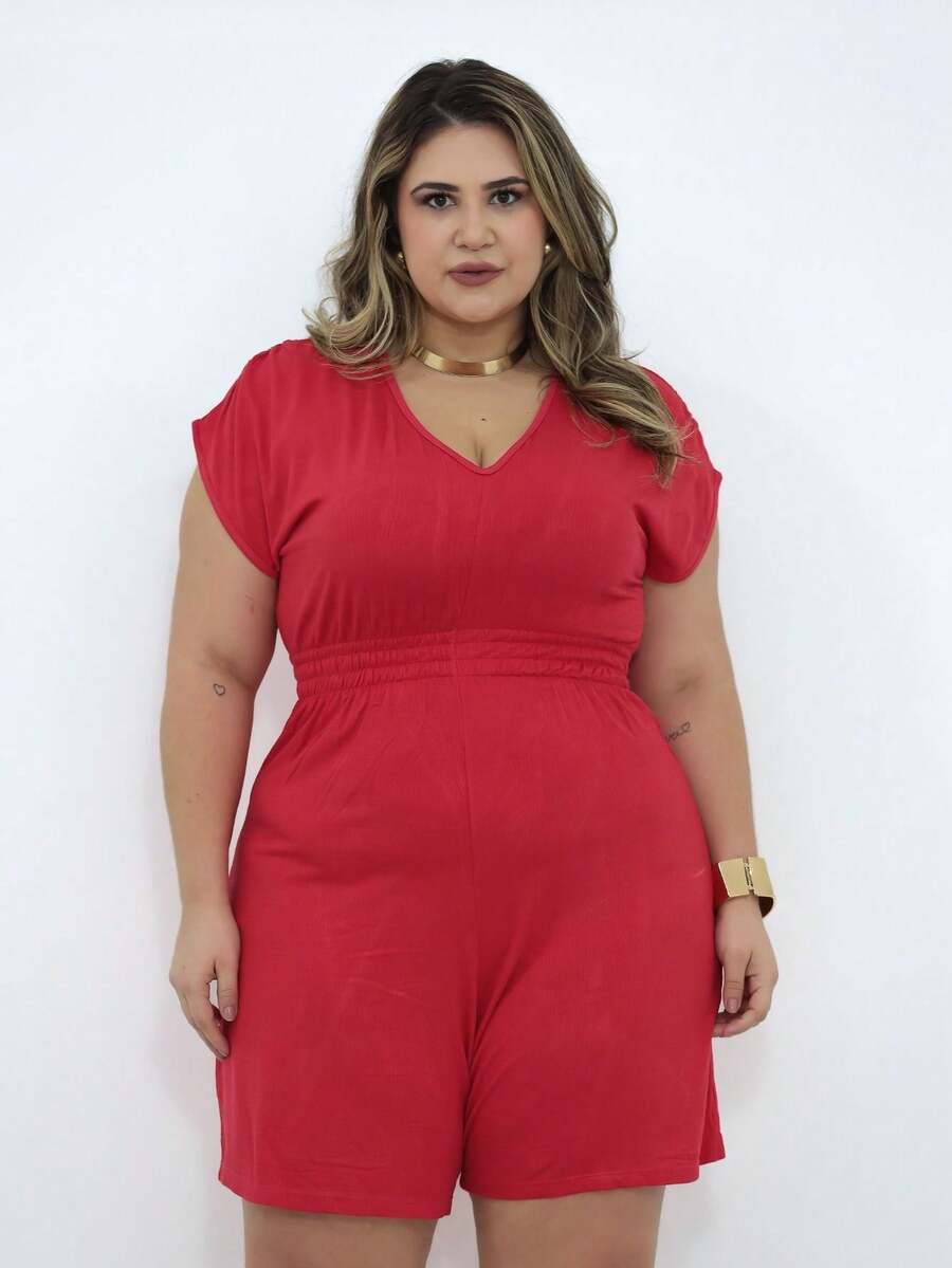 Macaquinho Feminino Plus Size Malha Trabalhada Vicenza Short Liso Elegante