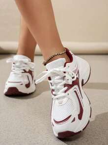 女士圆头系带厚底学生休闲舒适跑步运动鞋 - 紅色 - 查看 2