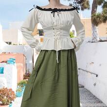 Women's Renaissance Costumes Medieval Style Front Strap Long Sleeve Off The Shoulder Pirate Tops - White - View 3