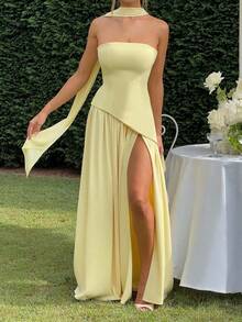 Irregular Sheath Tie Dress Women French  Split Long Dresses - 黃色 - 查看 6