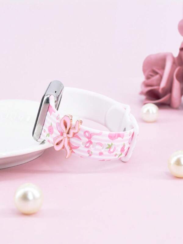 1PC Rose Bow Style Pink Silicone Smart Watch Band Compatible With Apple Watch Band Women 49/46/45/44/42/41/40/38mm,Stylish Printed Strap With Bow Charms Dressy Wristband For Watch Bands Compatible With Apple Series 10 Ultra 2 9 8 7 6 5 4 3 2 SE Compatible With Apple Watch Accessories