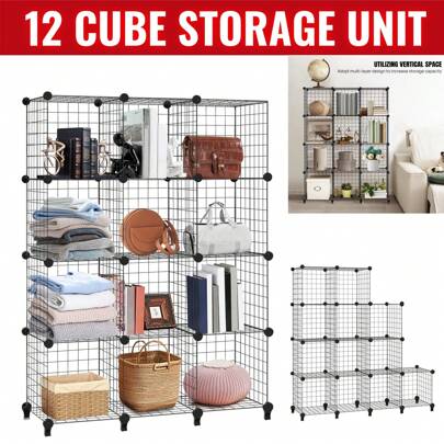 12pc Wire Cube Storage Organizer Shelving Unit Shelves Rack Modular Bookshelf, Interlocking Shelving Unit, Living Room Organizer Display Shelves, Closet Cabinet Organizer Shelves DIY Bookcases