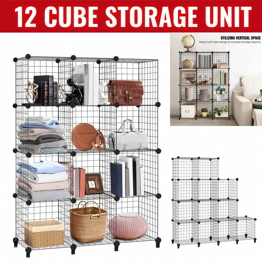 12pc Wire Cube Storage Organizer Shelving Unit Shelves Rack Modular Bookshelf, Interlocking Shelving Unit, Living Room Organizer Display Shelves, Closet Cabinet Organizer Shelves DIY Bookcases - Black-12 Cubes - View 1