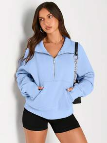 Womens Sweatshirts Half Zip Cropped Sweater Fleece Quarter Zipper Hoodies 2025 Fashion Outfits Clothes - Lightblue - 查看 2